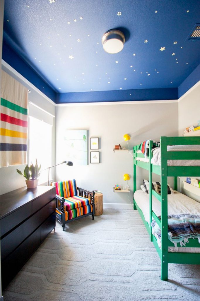 Techo de habitación infantil pintado con cielo y estrellas.